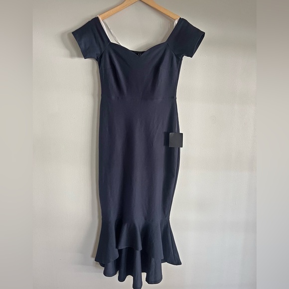 Lulus Midnight Blue Off Shoulder Midi Dress Ponte Knit Trumpet Hem NWT L - Picture 2 of 8